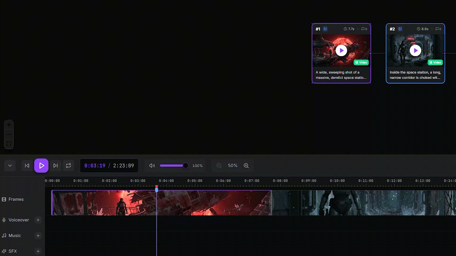 Timeline editor with frames and audio tracks